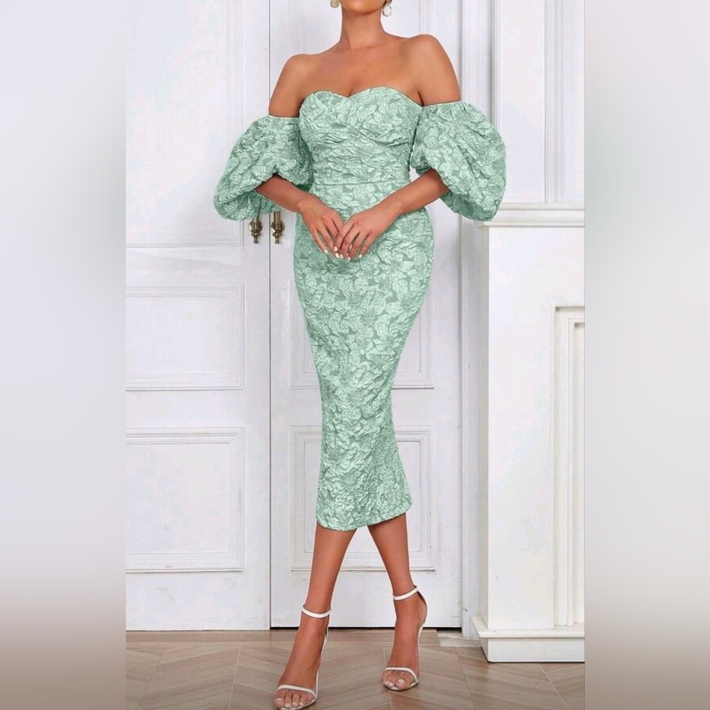* New Luxe Textured Floral Puffed Sleeve Dress Midi Off Shoulder Green